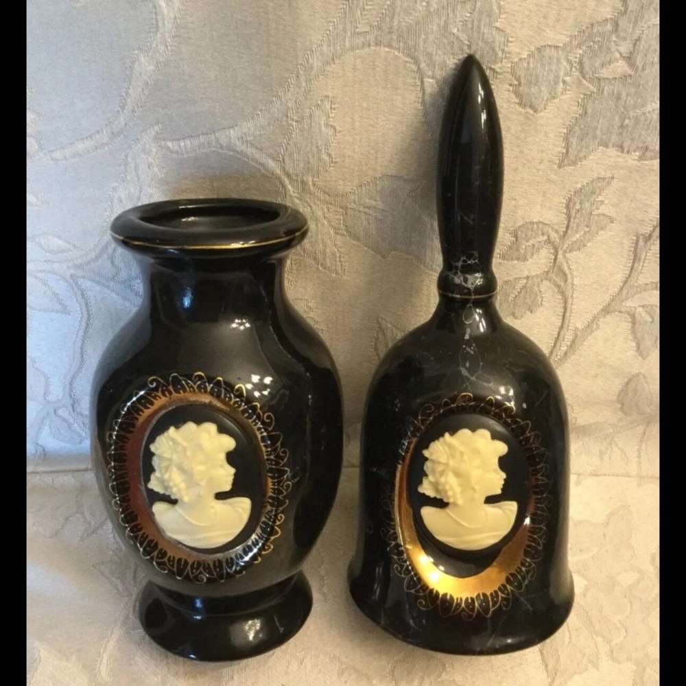 Vintage Porcelain Black White Gold Cameo Set Bell & Vase Japan